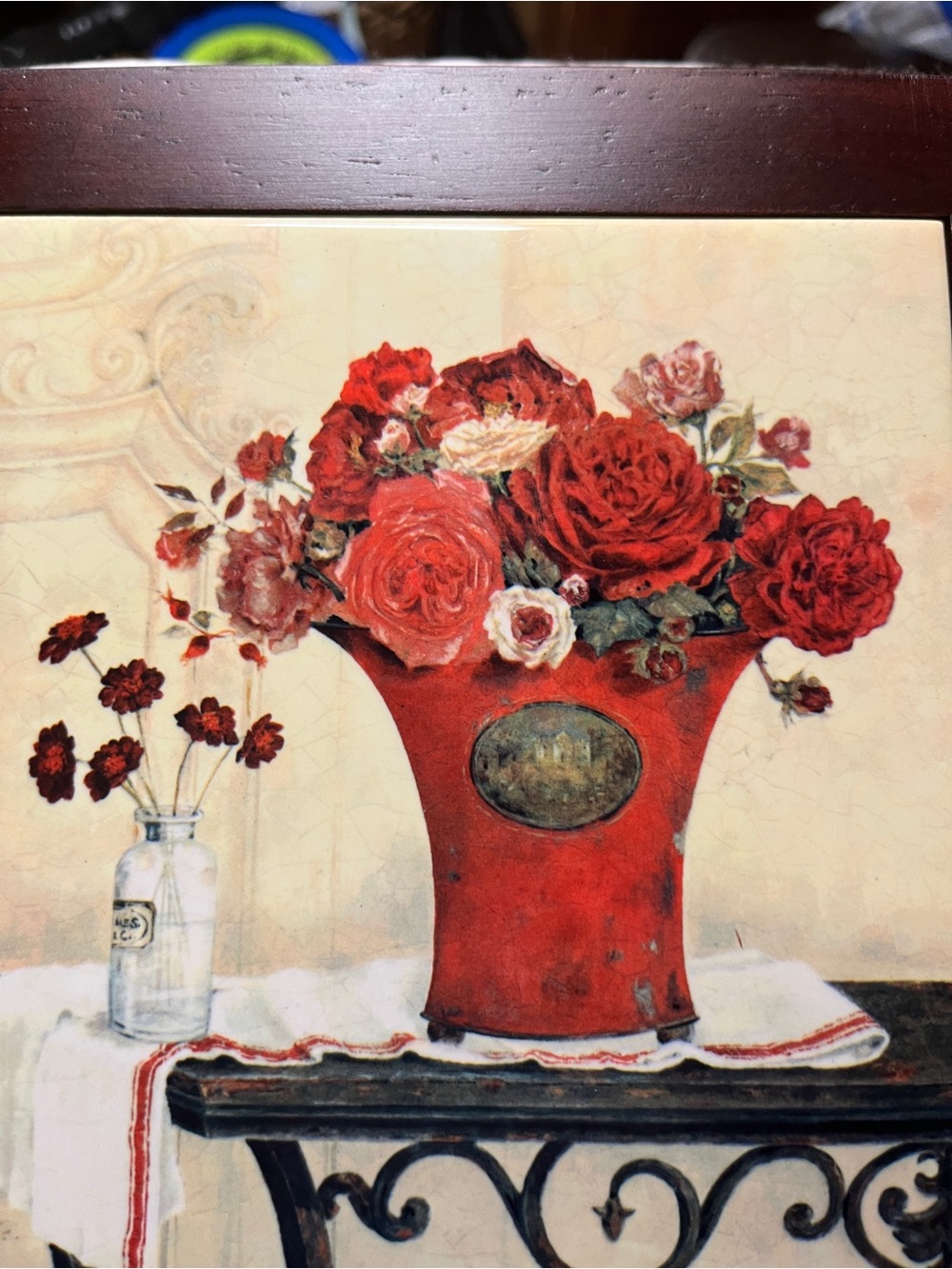 Kathryn White Signed Framed Roses & Linen Art Tile Wall Hanging 8" x 8" Trivet